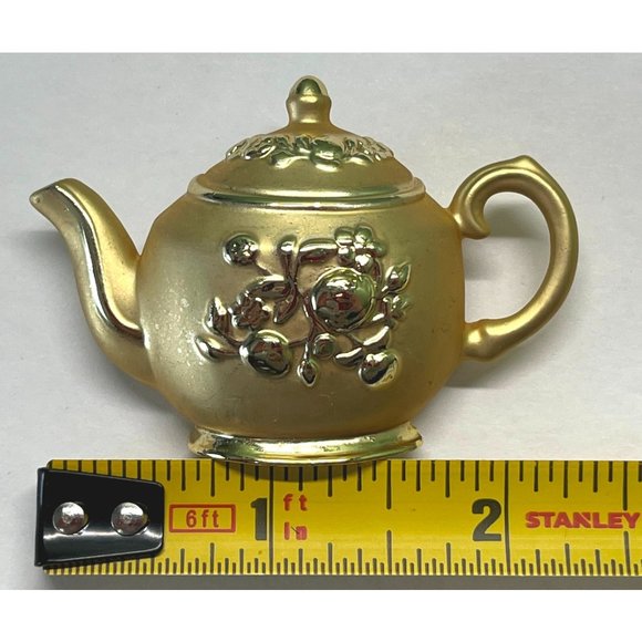 Vintage Gold Tone Teapot Floral  Brooch Pin 2.5" Across - Picture 3 of 6